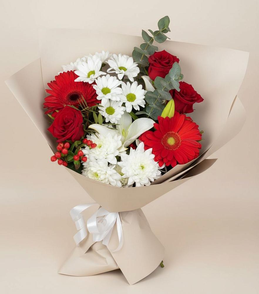 Букет цветов из: Розы, Хризантемы, Герберы и Лилии в Богучаре